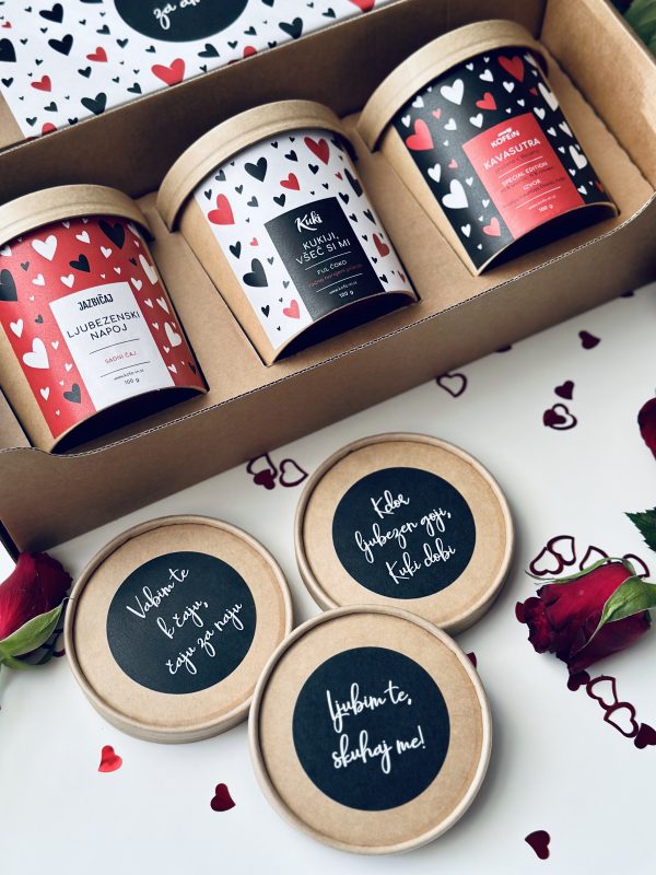 DARILNI PAKET "VALENTINOVA TROJICA" (čaj + piškoti + kava) - v darilni škatli - slika 5